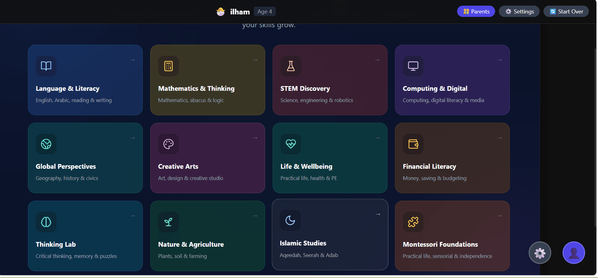 Learn through activities interface